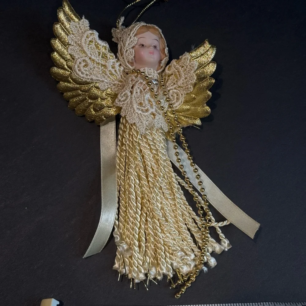Elegant‎ Gold Angel Ornament Vintage, made with lace and fabric.